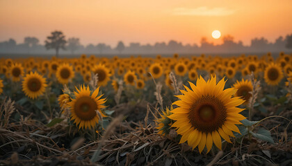 Sunflower field glowing under warm sunset light with bright yellow flowers in a natural summer landscape