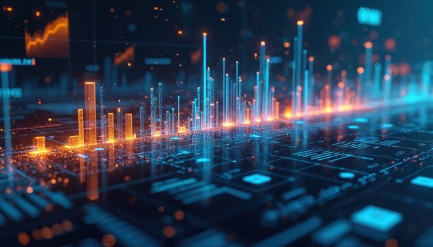Futuristic digital dashboard displays business growth metrics. Data visualization shows product lifecycle, market launch, end-of-life performance. Technology concept with chart graphs, cyber space