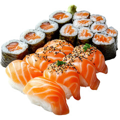 Fresh salmon fish fillet with sushi rolls isolated on transparent background.