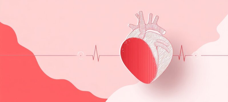 Minimalist Line Art Heart Illustration with Pulse Lines, Flat Design, Red and White Palette on Soft Pastel Gradient Background

