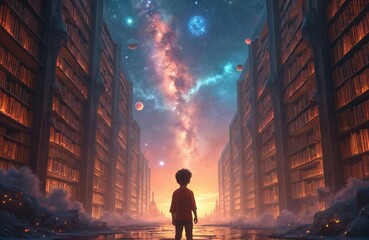Fototapeta premium Young boy stands in vast cosmic library, gazing at star-filled sky. Tall bookshelves stretch into distance, framing nebula, planets. Artwork evokes imagination, discovery, infinite possibilities of
