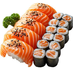 Fresh salmon fish fillet with sushi rolls isolated on transparent background.