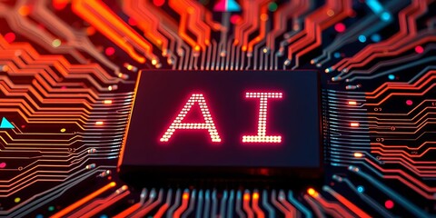 AI word etched on microchip, vibrant beams of light radiating outwards,  graphic,  beam