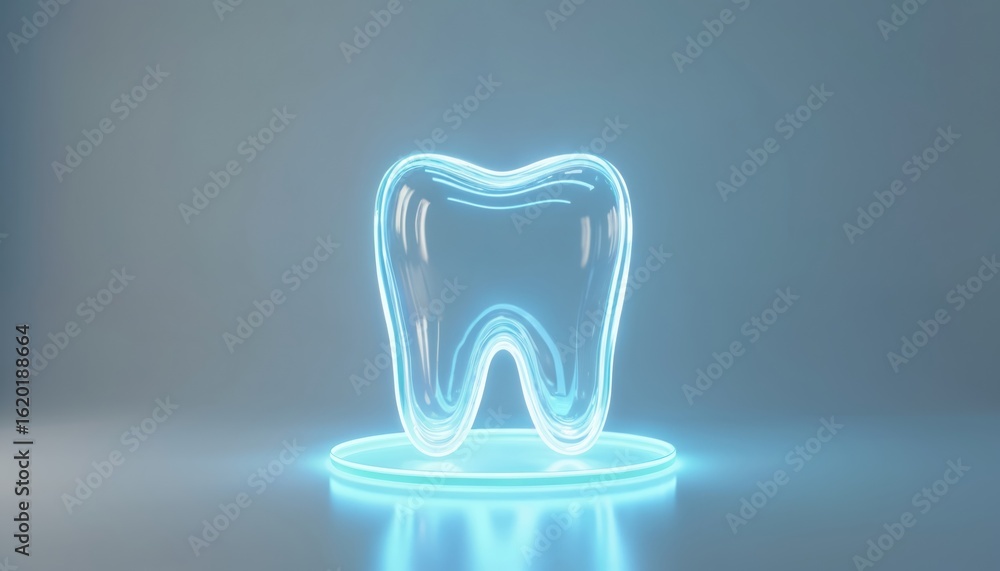 Poster 3d render of glowing transparent tooth shape with neon blue light lines. minimalistic design with li