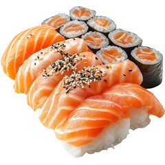Fresh salmon fish fillet with sushi rolls isolated on transparent background.