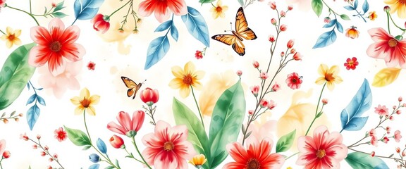Air, light watercolor floral seamless pattern with abstract plants & flying ornaments on white, repeat, whimsical