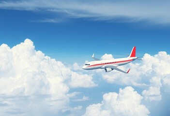 Airplane vector soaring above blue sky with fluffy white clouds, vector, clipart