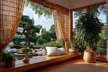 Cozy interior framed by nature outside high resolution picture