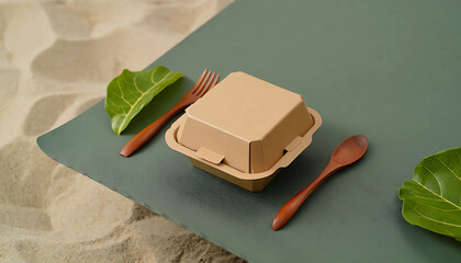 Green tea with mint served on wooden table next to office items like food packet box cartoon 