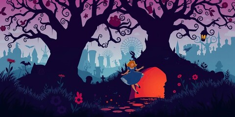 Alice tumbling down rabbit hole, Wonderland silhouettes ,  rabbit hole,  descent