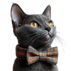 Funny Egyptian Sphynx cat wearing a bow tie isolated on transparent background.