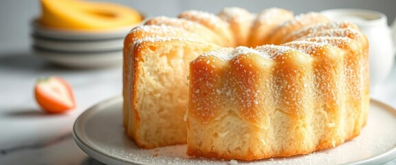 Airy, pale golden angel food cake, light and fluffy, with a delicate crust  ,  baked,  dessert photography