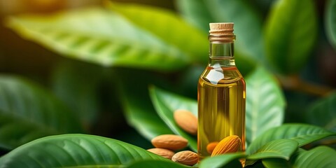 Almond oil bottle, green leaf background, soft focus, beauty concept, almond oil,  organic