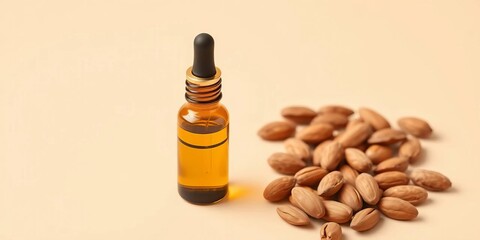 Almond oil serum dropper bottle, almonds, beige background,  hydrating,  bottle