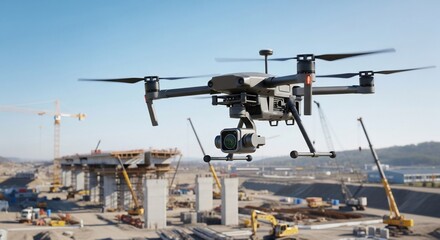 Drone with camera surveying a large construction site with cranes and unfinished bridge