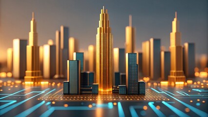 Modern golden skyscrapers in a city, symbolizing technological advancement and economic prosperity