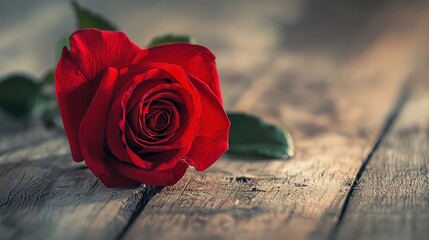 Single Red Rose on Wooden Table for Valentine's Day, Love and Romance Symbol
