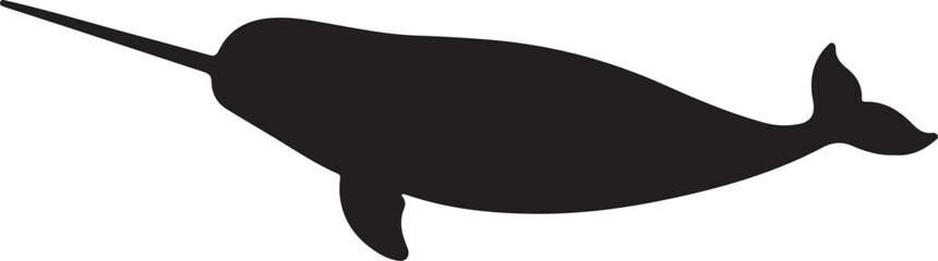Black silhouette of a narwhal whale with a long tusk on a white background vector