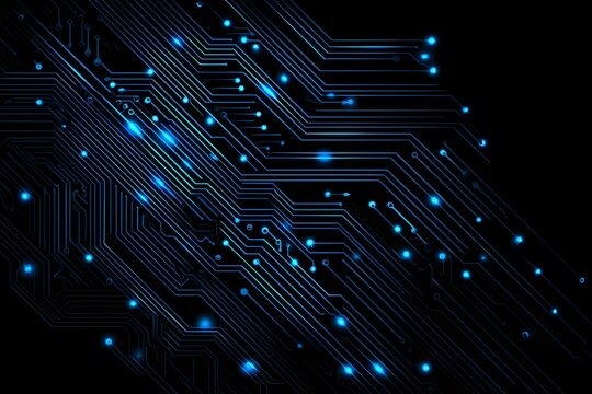 Abstract circuit board background with blue glowing elements on a dark blue background,