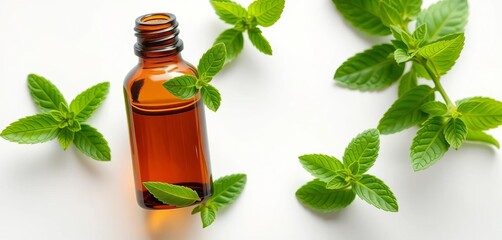 Amber bottle of mint essential oil with fresh mint leaves on white background,  organic,  relaxation