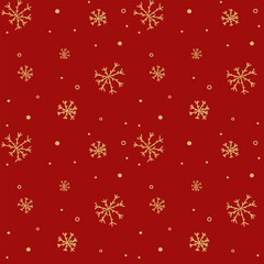 Golden snowflakes on a red background. Christmas background. Seamless pattern.