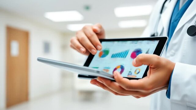 Doctor analyzing medical data on a tablet in hospital, healthcare technology