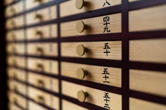 Aerial view of wooden drawers with Japanese inscriptions and round knobs, creating a textured and orderly pattern., Tokyo, Tokyo, Japan.