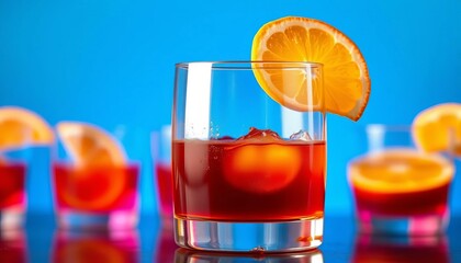 Amber liquid cocktail, orange slice garnish, clear glass, blue background,  celebration,  drink