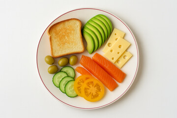 Healthy food concept with vegetables, bread and fish