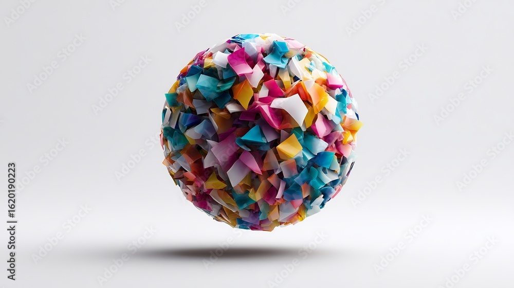 Poster abstract sphere covered in colorful geometric shards on a clean white background