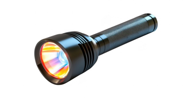 A vibrant LED flashlight emits colorful light in a dark space, ideal for camping or emergency use