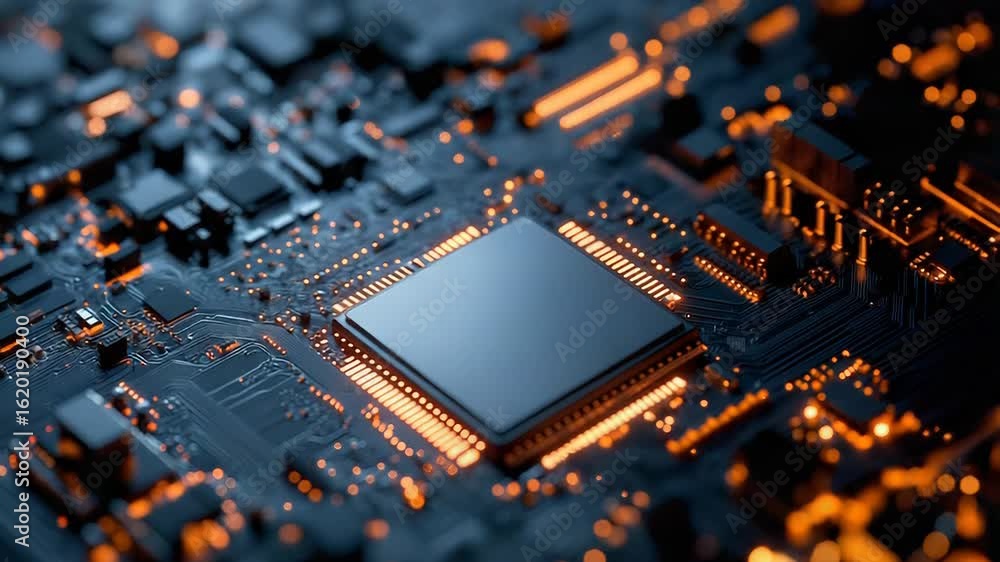 Poster cpu processing data on motherboard with integrated circuit and orange lights