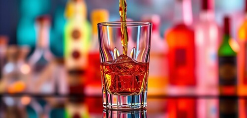 Amber liquid pours into a crystal glass, blurred bar backdrop,  pour,   whiskey glass