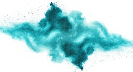 Vibrant Teal Powder Cloud Bursting Dynamically on Clean White Background