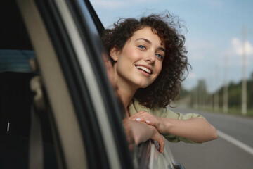 Happy eager looking blue eyed young woman looking out of the car window . Car travel concept