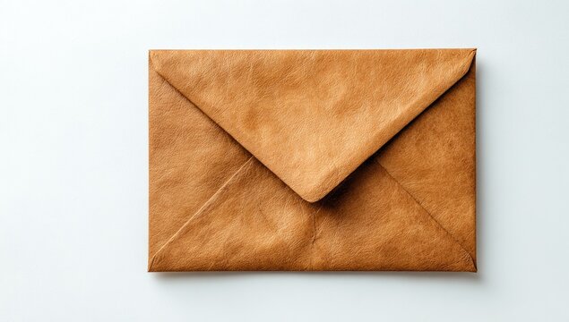 A light brown, textured envelope lies flat against a white background; its flap is sealed.  The paper has subtle variations in tone