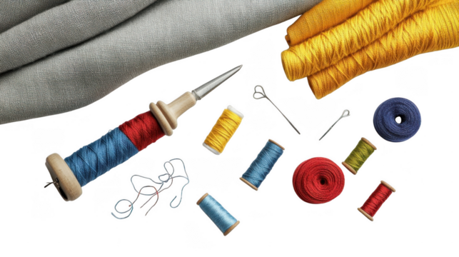 Spools of vibrant thread, needles, and sewing items are displayed creatively on a textured fabric background