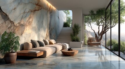Polished stone cladding wall with natural marble-like shine and pattern