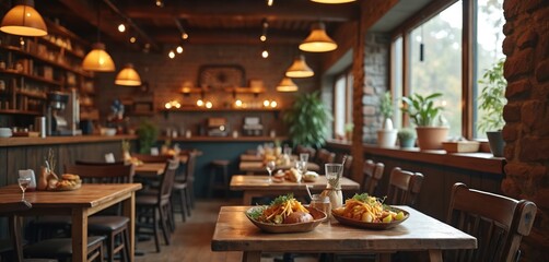 Cozy rustic dining area featuring wooden tables set with food, including baked potatoes, fries. Stone walls, warm lighting create inviting atmosphere. Plants on windowsill add fresh touch. Perfect