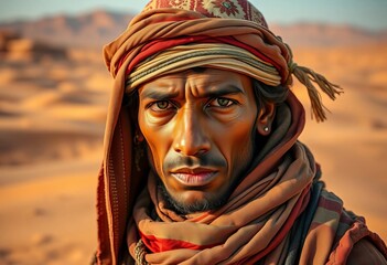 Ancient desert dweller gazes intently, traditional attire, vast sandscape,  background,  desert