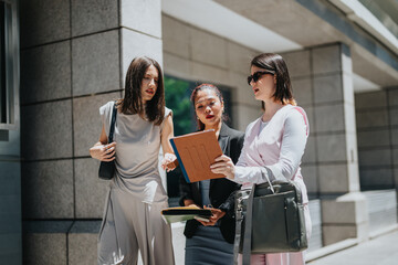 A professional group of female colleagues collaborating on business documents against a city...