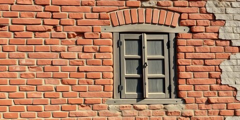 Ancient castle's weathered red brick wall, antique wooden window with metal details,   past,   ancient