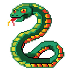 Fototapeta premium Pixelated Serpent An Artistic Render of a Green Snake with Red and Yellow Markings, Tongue Out, Coiled Up
