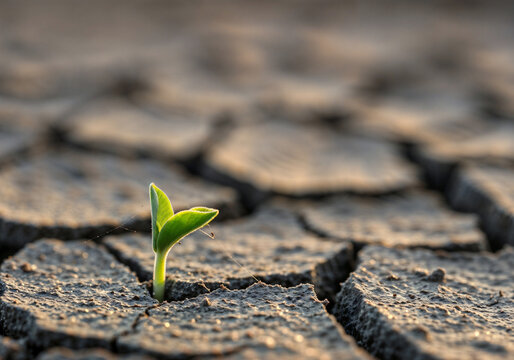 A tiny plant emerges from dry, cracked soil, symbolizing resilience and hope amidst arid conditions.