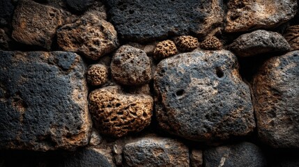 Rustic cobblestone wall with aged, uneven stones and mortar details