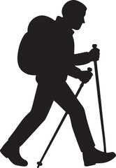 Black silhouette of a person hiking with trekking poles and backpack hiker 1