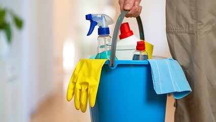 Housekeeping essentials in a vibrant blue bucket showcasing cleaning supplies and tools for maintaining a sparkling home environment