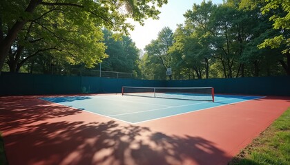 Empty tennis court with blue and red surface surrounded by green trees. Net is set up, natural sunlight creates shadows on the court. Ideal for sports, recreation, or park lifestyle themes.