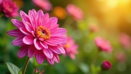 Obraz premium Bright pink chrysanthemum blooms in a sunny October garden, autumn leaves, fall colors