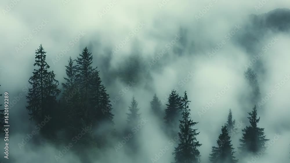 Poster fog rolling through evergreen forest creating ethereal landscape